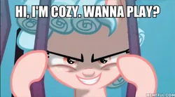 Size: 600x330 | Tagged: safe, derpibooru import, edit, edited screencap, screencap, cozy glow, pegasus, pony, school raze, bars, caption, child's play, evil grin, female, filly, foal, freckles, grin, image macro, meme, narrowed eyes, pure concentrated unfiltered evil of the utmost potency, pure unfiltered evil, smiling, solo, text, wanna be friends?