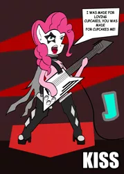 Size: 1568x2188 | Tagged: safe, artist:jenjan23all, derpibooru import, pinkie pie, pony, boots, clothes, funny, guitar, kiss (band), metal, musical instrument, paul stanley, red, rock, shoes, singing, soft, solo, the starchild, venezuela
