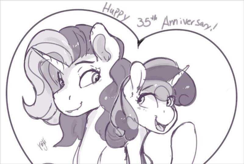 Size: 1227x826 | Tagged: safe, artist:dragk, derpibooru import, sweetie belle, sweetie belle (g3), pony, unicorn, 35th anniversary, cute, diasweetes, duo, female, g3, g3 diasweetes, generation leap, grayscale, heart, mare, monochrome, simple background, white background
