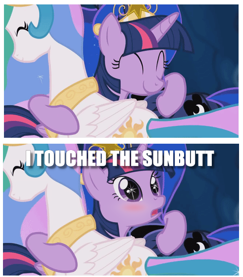 Size: 491x561 | Tagged: suggestive, derpibooru import, edit, edited screencap, screencap, princess celestia, princess luna, twilight sparkle, twilight sparkle (alicorn), alicorn, pony, princess twilight sparkle (episode), big crown thingy, blushing, caption, crown, element of magic, hug, image macro, jewelry, meme, regalia, senpai, text