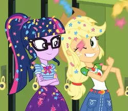 Size: 677x586 | Tagged: safe, derpibooru import, screencap, applejack, sci-twi, twilight sparkle, best trends forever, equestria girls, equestria girls series, applejack's hat, belt, best trends forever: pinkie pie, canterlot high, clothes, confetti, cowboy hat, cropped, crossed arms, denim skirt, female, fist pump, freckles, geode of super strength, geode of telekinesis, glasses, grin, hat, lockers, magical geodes, messy hair, one eye closed, ponytail, skirt, smiling, stetson, wink
