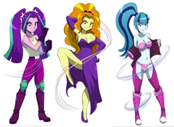 Size: 2883x2112 | Tagged: suggestive, artist:danmakuman, derpibooru import, edit, adagio dazzle, aria blaze, sonata dusk, equestria girls, rainbow rocks, angel (kof), armpits, belly button, blue hair, bra, breasts, busty adagio dazzle, busty aria blaze, busty sonata dusk, cleavage, clothes, cosplay, costume, dress, evening gloves, female, flashing, gloves, hair, high heels, king of fighters, long gloves, looking at you, non-shipping, panties, sexy, shoes, side slit, simple background, snk, stupid sexy adagio dazzle, stupid sexy sonata dusk, the dazzlings, trio, trio female, underwear, white background