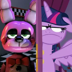 Size: 2560x2560 | Tagged: safe, derpibooru import, screencap, twilight sparkle, twilight sparkle (alicorn), alicorn, pony, fame and misfortune, 3d, angry, bonnet (fnaf), comparison, eyebrows, five nights at freddy's, floppy ears, frown, green eyes, purple eyes, sister location, source filmmaker, thehottest dog, ultimate custom night