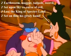 Size: 528x416 | Tagged: bracelet, cropped, derpibooru import, ear piercing, earring, edit, edited screencap, g1, gilbert and sullivan, hydia, hydia's family, jewelry, lyrics, my little pony 'n friends, piercing, ruddigore, safe, screencap, song reference, text, the end of flutter valley, threat