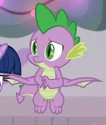 Size: 477x566 | Tagged: alicorn, cropped, derpibooru import, dragon, male, offscreen character, safe, screencap, solo, spike, tail, the hearth's warming club, twilight sparkle, twilight sparkle (alicorn), winged spike, wings