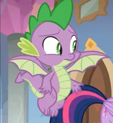 Size: 645x707 | Tagged: alicorn, claws, cropped, cutie mark, derpibooru import, dragon, male, offscreen character, safe, screencap, solo, spike, tail, the hearth's warming club, twilight sparkle, twilight sparkle (alicorn), winged spike, wings