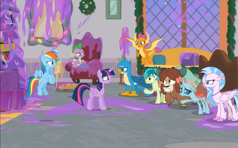 Size: 1158x720 | Tagged: safe, derpibooru import, screencap, gallus, ocellus, rainbow dash, sandbar, silverstream, smolder, spike, twilight sparkle, twilight sparkle (alicorn), yona, alicorn, changedling, changeling, classical hippogriff, dragon, earth pony, gryphon, hippogriff, pony, yak, the hearth's warming club, angry, bow, claws, cloven hooves, colored hooves, cutie mark, dragoness, female, hair bow, jewelry, male, mare, monkey swings, necklace, student six, teenager, upset, winged spike, wings