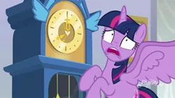 Size: 1920x1080 | Tagged: safe, derpibooru import, screencap, twilight sparkle, twilight sparkle (alicorn), alicorn, pony, school raze, clock, faic, female, flying, grandfather clock, mare, panicking, solo