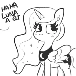 Size: 1280x1280 | Tagged: safe, artist:tjpones, derpibooru import, princess luna, alicorn, pony, 3:, blushing, cute, dialogue, ear fluff, female, glare, i'm not cute, lineart, looking away, lunabetes, mare, monochrome, offscreen character, qt, simple background, solo, tsundere, tsunderuna, white background