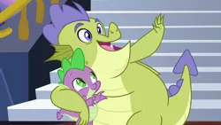 Size: 1280x720 | Tagged: derpibooru import, dragon, father knows beast, male, safe, screencap, sludge (dragon), smiling, spike, when he smiles, winged spike, x x everywhere