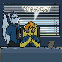 Size: 800x800 | Tagged: angry, anthro, artist:captainhoers, clothes, derpibooru import, dialogue, female, glasses, male, pegasus, safe, soarin', soarin' is not amused, spitfire, spitfire is not amused, text, unamused, uniform