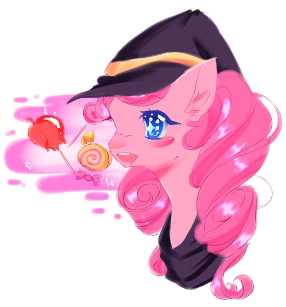 Size: 1280x1371 | Tagged: safe, artist:clefficia, derpibooru import, pinkie pie, earth pony, pony, apple, candy, candy apple (food), clothes, costume, female, food, halloween, halloween costume, hat, holiday, mare, solo