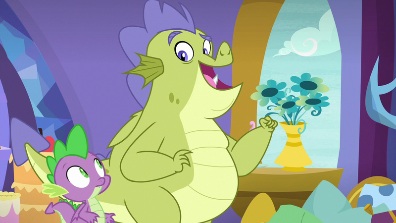 Size: 1280x720 | Tagged: derpibooru import, dragon, duo, father knows beast, flower, male, safe, screencap, sludge (dragon), smiling, spike, vase, when he smiles, window, winged spike