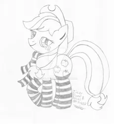 Size: 1024x1113 | Tagged: safe, artist:thecloud96, derpibooru import, applejack, earth pony, pony, applejack's hat, clothes, cowboy hat, female, hat, mare, obtrusive watermark, raised hoof, scarf, signature, sketch, socks, solo, stock vector, striped socks, traditional art, watermark