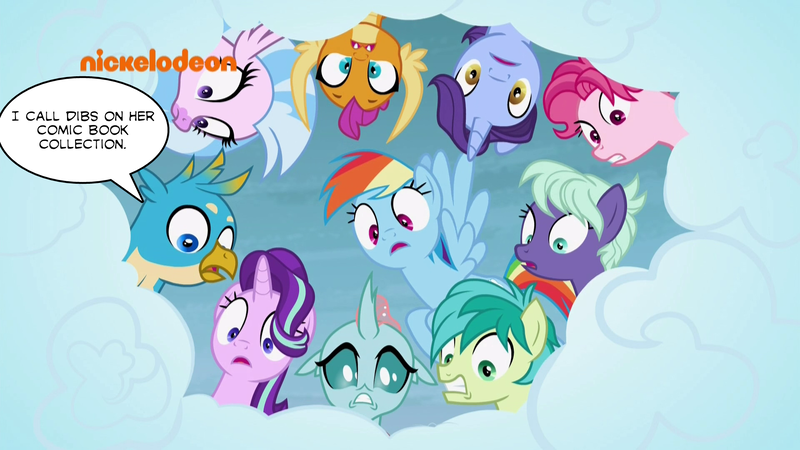 Size: 1920x1080 | Tagged: safe, derpibooru import, edit, edited screencap, screencap, bifröst, gallus, night view, november rain, ocellus, rainbow dash, sandbar, silverstream, smolder, starlight glimmer, changedling, changeling, dragon, gryphon, hippogriff, pegasus, pony, unicorn, school raze, cloud, dragoness, female, friendship student, hole, implied yona, logo, looking down, male, mare, nick jr., nickelodeon, speech bubble, students, surprised, teenager, text