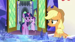 Size: 1280x720 | Tagged: safe, derpibooru import, screencap, applejack, starlight glimmer, twilight sparkle, twilight sparkle (alicorn), alicorn, earth pony, pony, unicorn, school daze, applejack's hat, cowboy hat, crystal, cutie map, door, female, friendship throne, hat, mare, stetson, trio