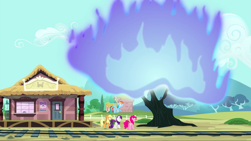 Size: 1440x810 | Tagged: safe, derpibooru import, screencap, applejack, pinkie pie, rainbow dash, rarity, earth pony, pegasus, pony, unicorn, three's a crowd, blue fire, female, fire, mare, train station, train tracks, tree