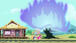 Size: 1440x810 | Tagged: safe, derpibooru import, screencap, applejack, pinkie pie, rainbow dash, rarity, earth pony, pegasus, pony, unicorn, three's a crowd, blue fire, female, fire, mare, train station, train tracks, tree