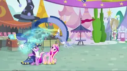 Size: 1440x811 | Tagged: safe, derpibooru import, screencap, discord, princess cadance, twilight sparkle, twilight sparkle (alicorn), alicorn, draconequus, pony, three's a crowd, blue flu, fake beard, female, hat, health bubble, limbless, male, mare, star swirl the bearded costume, trio, wizard hat