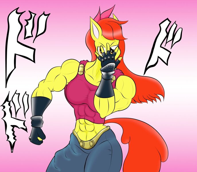 Size: 1280x1118 | Tagged: safe, artist:matchstickman, derpibooru import, apple bloom, anthro, earth pony, tumblr:where the apple blossoms, abs, apple bloom's bow, apple brawn, biceps, bow, breasts, busty apple bloom, caesar zeppeli, clothes, deltoids, female, fingerless gloves, gloves, gradient background, hair bow, image, japanese, jeans, jojo pose, jojo's bizarre adventure, joseph joestar, jpeg, matchstickman's apple brawn series, muscles, older, older apple bloom, pants, pink background, simple background, solo, tanktop, triceps, tumblr comic