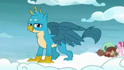 Size: 1920x1080 | Tagged: safe, derpibooru import, screencap, bifröst, gallus, yona, gryphon, pegasus, pony, yak, school raze, cloud, female, fourth wall, friendship student, grin, hooves, horns, male, mare, on a cloud, smiling, spread wings, wings
