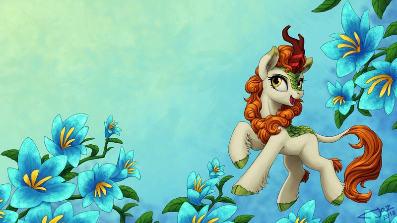 Size: 1920x1080 | Tagged: artist:1jaz, autumn blaze, blue background, card, cloven hooves, colored hooves, derpibooru import, female, flower, foal's breath, kirin, raised hoof, safe, simple background, solo, sounds of silence