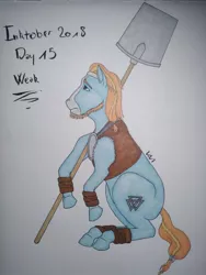 Size: 774x1032 | Tagged: artist:0-van-0, beard, campfire tales, cutie mark, derpibooru import, facial hair, inktober, inktober 2018, male, rockhoof, rockhoof's shovel, safe, shovel, solo, traditional art