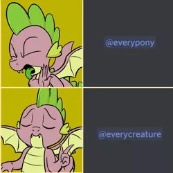 Size: 835x835 | Tagged: safe, artist:pony-berserker edits, derpibooru import, edit, spike, dragon, @everyone, comic, discord (program), drake, everycreature, everypony, eyes closed, fangs, frown, male, meme, open mouth, pointing, politically correct, smiling, solo, spread wings, technically correct, tongue out, wat, winged spike, wings