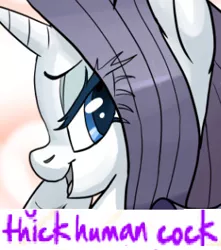 Size: 279x316 | Tagged: suggestive, artist:pencils, derpibooru import, edit, rarity, pony, unicorn, comic:anon's pie adventure, bedroom eyes, caption, comic, cropped, expand dong, exploitable meme, female, image macro, mare, meme, open mouth, rarislut, smiling, solo, sultry pose, text