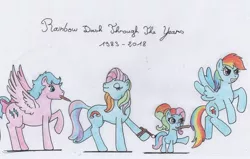Size: 1588x1011 | Tagged: safe, artist:kuroneko, derpibooru import, firefly, rainbow dash, rainbow dash (g3), earth pony, pegasus, pony, 35th anniversary, bow, colored pencil drawing, female, filly, foal, g1, g1 to g4, g3, g3 to g4, g3.5, g3.5 to g4, g4, generation leap, generational ponidox, mare, mouth hold, paintbrush, simple background, tail bow, traditional art, white background