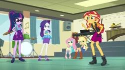 Size: 1920x1080 | Tagged: safe, derpibooru import, screencap, applejack, fluttershy, rarity, sci-twi, sunset shimmer, twilight sparkle, equestria girls, equestria girls series, overpowered (equestria girls), applejack's hat, boots, clothes, cowboy hat, denim skirt, dress, feet, female, freckles, geode of empathy, geode of fauna, geode of shielding, geode of super strength, geode of telekinesis, glasses, hat, high heel boots, high heels, jacket, leather, leather jacket, legs, magical geodes, music room, pointing, ponytail, sandals, shoes, skirt, socks, stetson