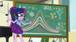 Size: 1920x1080 | Tagged: safe, derpibooru import, screencap, sci-twi, twilight sparkle, equestria girls, equestria girls series, overpowered (equestria girls), chalkboard, clothes, female, geode of telekinesis, glasses, magical geodes, math, ponytail, skirt, solo