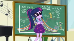 Size: 1920x1080 | Tagged: safe, derpibooru import, screencap, sci-twi, twilight sparkle, equestria girls, equestria girls series, overpowered (equestria girls), chalkboard, clothes, female, geode of telekinesis, glasses, magical geodes, ponytail, skirt, solo