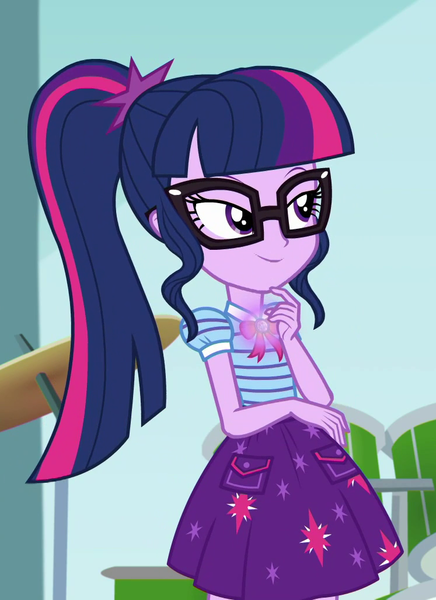 Size: 747x1028 | Tagged: safe, derpibooru import, screencap, sci-twi, twilight sparkle, equestria girls, equestria girls series, overpowered (equestria girls), clothes, cropped, geode of telekinesis, glasses, magical geodes, ponytail, skirt, smiling, solo