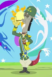 Size: 476x695 | Tagged: boots, bubble, bubble pipe, clothes, corncob pipe, cropped, derpibooru import, discord, draconequus, equestrian flag, eyes closed, general discord, helmet, male, patton, pipe, safe, screencap, shoes, solo, twilight's kingdom, uniform