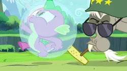 Size: 1439x808 | Tagged: bubble, bubble pipe, clothes, corncob pipe, derpibooru import, discord, draconequus, dragon, general discord, helmet, male, pipe, puffy cheeks, safe, screencap, spike, sunglasses, twilight's kingdom, uniform