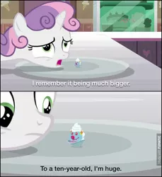 Size: 604x659 | Tagged: captain hook, caption, comic, derpibooru import, edit, edited screencap, filly clown suprise, food, forever filly, hook, hook (movie), ice cream, out of context, safe, screencap, screencap comic, sundae, sweetie belle