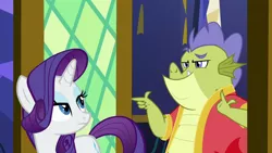 Size: 1280x720 | Tagged: safe, derpibooru import, screencap, rarity, sludge (dragon), dragon, pony, unicorn, father knows beast, female, male, mare, punchable, rarity is not amused, unamused