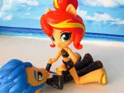 Size: 1920x1440 | Tagged: safe, artist:whatthehell!?, derpibooru import, flash sentry, sunset shimmer, equestria girls, beach, clothes, doll, equestria girls minis, irl, merchandise, photo, ponied up, sandals, swimsuit, toy, tuxedo