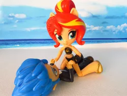 Size: 1680x1260 | Tagged: safe, artist:whatthehell!?, derpibooru import, flash sentry, sunset shimmer, equestria girls, beach, clothes, doll, equestria girls minis, irl, merchandise, photo, ponied up, sandals, swimsuit, toy, tuxedo