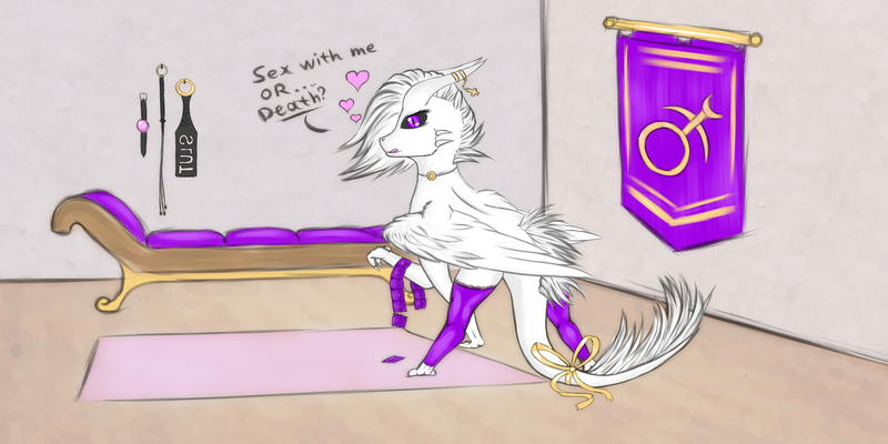 Size: 4000x2000 | Tagged: artist:silviawing, banner, carpet, clothes, condom, condoms, derpibooru import, dragon, dragoness, female, gag, heart, horn, horn ring, inverted cross, oc, oc:aeks (flayg) daar karus, purple eyes, ring, rule 63, satanic, satanism, scar, scared, slaanesh, socks, sofa bed, stockings, suggestive, thigh highs, warhammer (game), whip