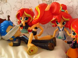 Size: 1800x1350 | Tagged: safe, artist:whatthehell!?, derpibooru import, flash sentry, sunset shimmer, equestria girls, bed, bedroom, clothes, doll, equestria girls minis, irl, knife, merchandise, photo, ponied up, sacrifice, sandals, sunset sushi, swimsuit, toy, tuxedo