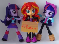 Size: 1198x900 | Tagged: safe, anonymous editor, artist:whatthehell!?, derpibooru import, edit, edited edit, sunset shimmer, twilight sparkle, equestria girls, doll, eqg minis sunset's sign, equestria girls minis, eqventures of the minis, self ponidox, sign, thot, toy