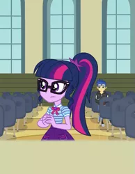 Size: 419x540 | Tagged: safe, derpibooru import, screencap, flash sentry, sci-twi, twilight sparkle, all the world's off stage, equestria girls, equestria girls series, cropped, cyoa, geode of telekinesis, glasses, magical geodes, male, ponytail