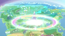 Size: 1440x808 | Tagged: canterlot, cloudsdale, derpibooru import, equestria, everfree forest, farm, horseshoe bay, magic, mountain, mountain range, no pony, railroad, rainbow power, river, safe, screencap, ship, twilight's kingdom