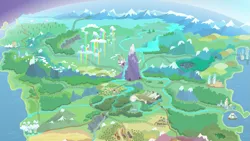 Size: 1437x808 | Tagged: canterlot, cloudsdale, derpibooru import, equestria, everfree forest, farm, horseshoe bay, map of equestria, mountain, mountain range, no pony, ponyville, railroad, river, safe, screencap, ship, twilight's kingdom