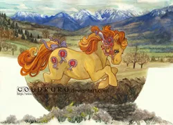 Size: 800x577 | Tagged: safe, artist:coldruru, derpibooru import, rosette (g1), earth pony, pony, bit, bow, female, flower, g1, mountain, mountain range, scenery, solo, tack, tail bow, traditional art, tree