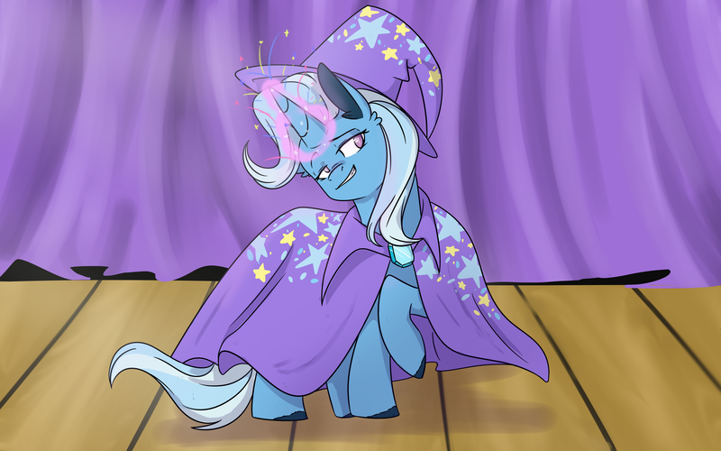 Size: 4000x2500 | Tagged: safe, artist:corrumi, derpibooru import, trixie, pony, unicorn, cape, clothes, female, hat, magic, mare, solo, trixie's cape, trixie's hat