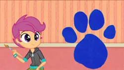 Size: 640x360 | Tagged: safe, derpibooru import, scootaloo, equestria girls, blue's clues, paintbrush, paw-print, photo manipulation, photoshop, wat