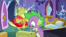 Size: 1280x720 | Tagged: derpibooru import, dragon, father knows beast, male, safe, screencap, sludge (dragon), spike, spike's room, winged spike, wings